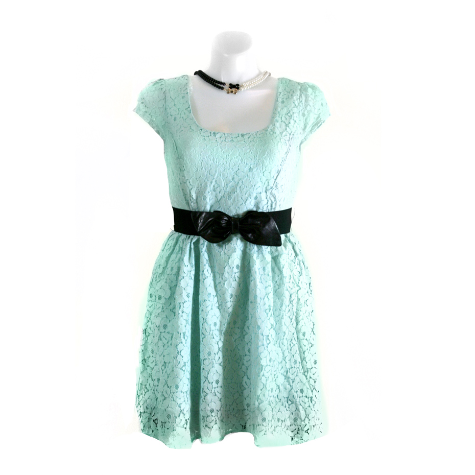 Mint Blue Lace Dress with Black Bow Belt